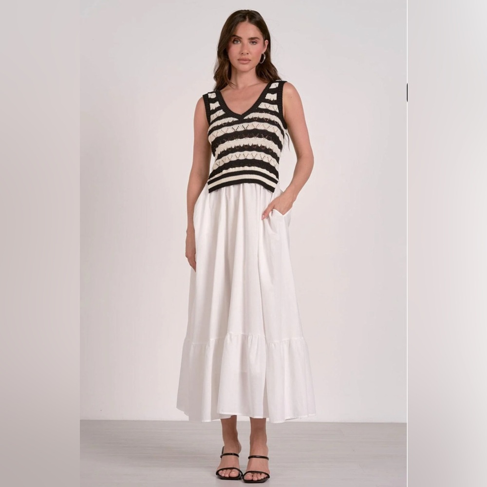 Black and White Striped Sleeveless Top with White Maxi Skirt